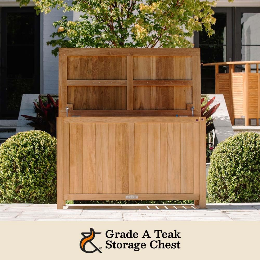 TITAN GREAT OUTDOORS Ash & Ember Grade A Teak Outdoor Storage Chest, Weather-Resistant Wooden Deck Box for Patio Cushions, Pool Accessories, and Garden Tools