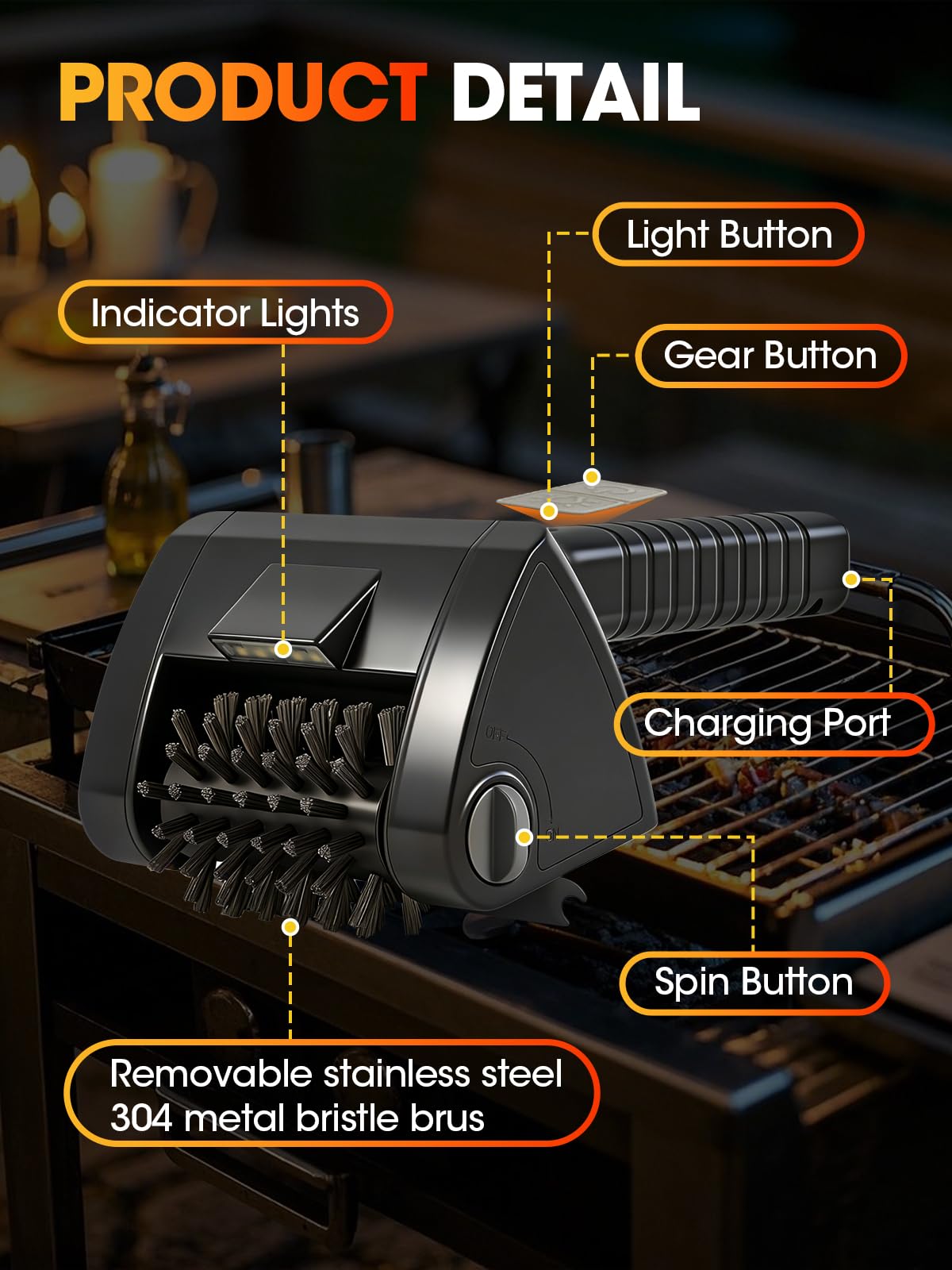 Electric Grill Brush, Cordless Rechargeable BBQ Cleaner, 2-Speed Control, 304 Stainless Steel Removable Brush Head for BBQ Grates & Outdoor Grills