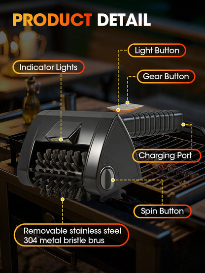 Electric Grill Brush, Cordless Rechargeable BBQ Cleaner, 2-Speed Control, 304 Stainless Steel Removable Brush Head for BBQ Grates & Outdoor Grills