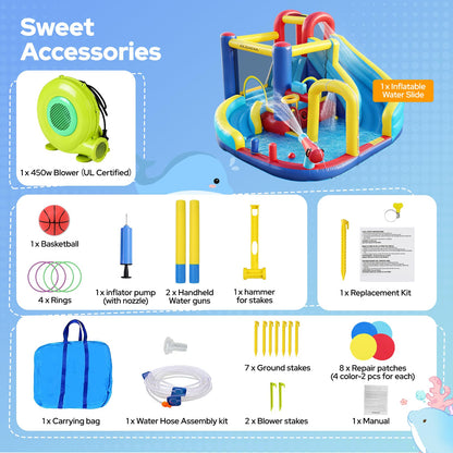 ELEMARA 10 in 1 Inflatable Water Slide Bounce House, Inflatable Bounce House with Blower, Dual Slides & Climbing Walls & Ring-toss Game & 2 Water Guns, Splash Pool, Blow up Water Slide with Blower