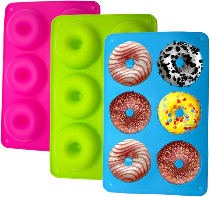 LIHUILAI 3 Pack Silicone Donut Mold, Food Grade Non-Stick Baking Pan for 6 Full Size Donuts, Blue, Green, Pink