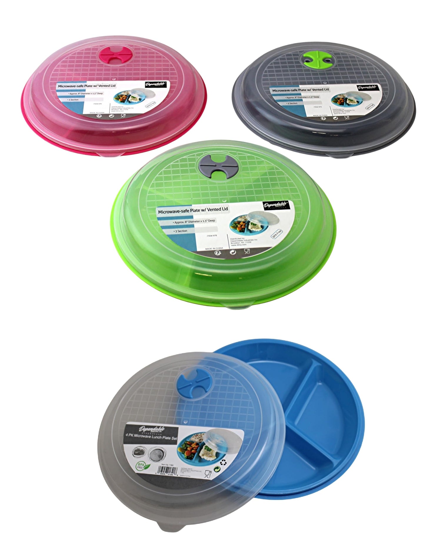 4-Pack Divided Microwave Plates with Vented Lids – BPA-Free, Stackable Meal Prep Plates – 3 Section Food Storage – Microwave, Freezer & Dishwasher Safe – 8.75” x 8.75”