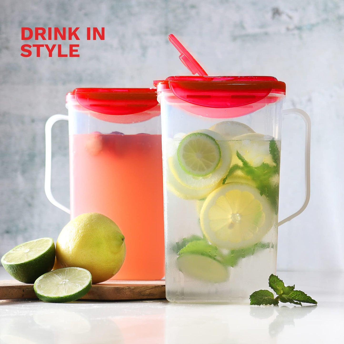 Red 50 Oz. Plastic Pitcher Set of 2 | Fridge Door Jug with Lid | Airtight Iced Tea Container