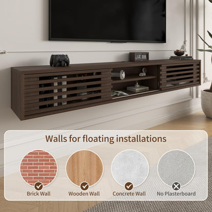 Furniloft 78" Floating TV Stand with Slatted Sliding Doors, Mid-Century Modern Wall Mounted Entertainment Center, Walnut Media Floating tv Console for 85 TV, Space-Saving Cable Management