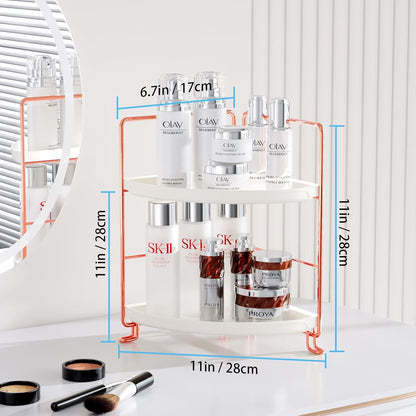 FSyueyun 2-Tier Corner Bathroom Counter Organizer, Tool-Less Installation Vanity Shelf, Small Plastics Makeup Tray