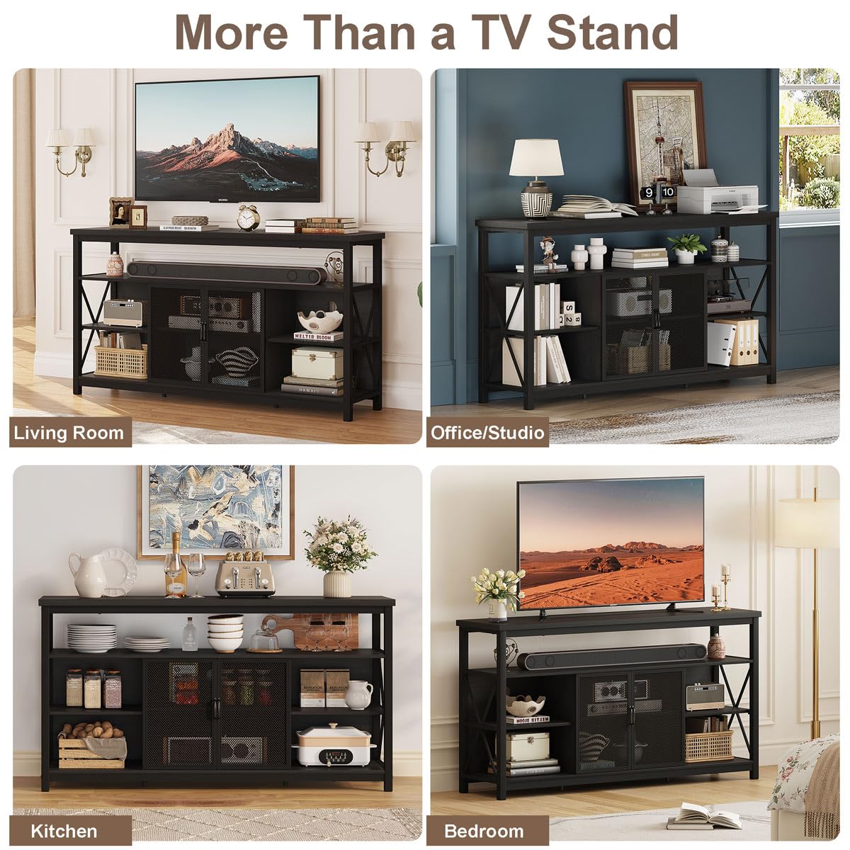 BON AUGURE Tall TV Stand for TVs up to 65 Inch, Industrial Wood Entertainment Center with Storage Cabinet, Modern TV Media Console for Living Room and Bedroom (32 Inch High, Black Oak)