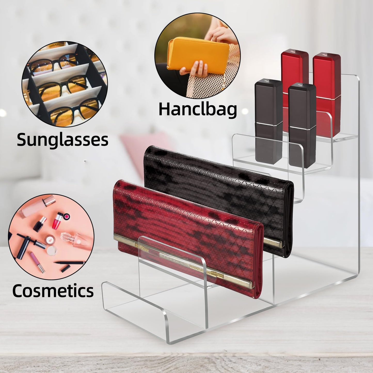 WEIHAOSKY Acrylic Wallet Display Stand Purse Handbag Organizer, Clear Jewelry Riser Display Stand Purse Display Rack, Acrylic Display Shelf for Cosmetic Perfume Jewelry Sunglasses Handbag (6 Tier)