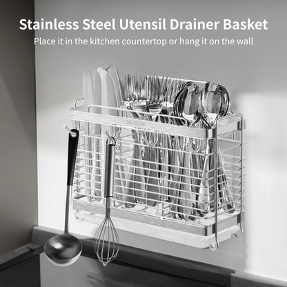 OMISTAR Silverware Drying Rack - Metal Basket, 3 Compartments Stainless Steel Wire Holder, Kitchen Countertop Organizer with 4 Hooks for Forks, Spoons, Chopsticks