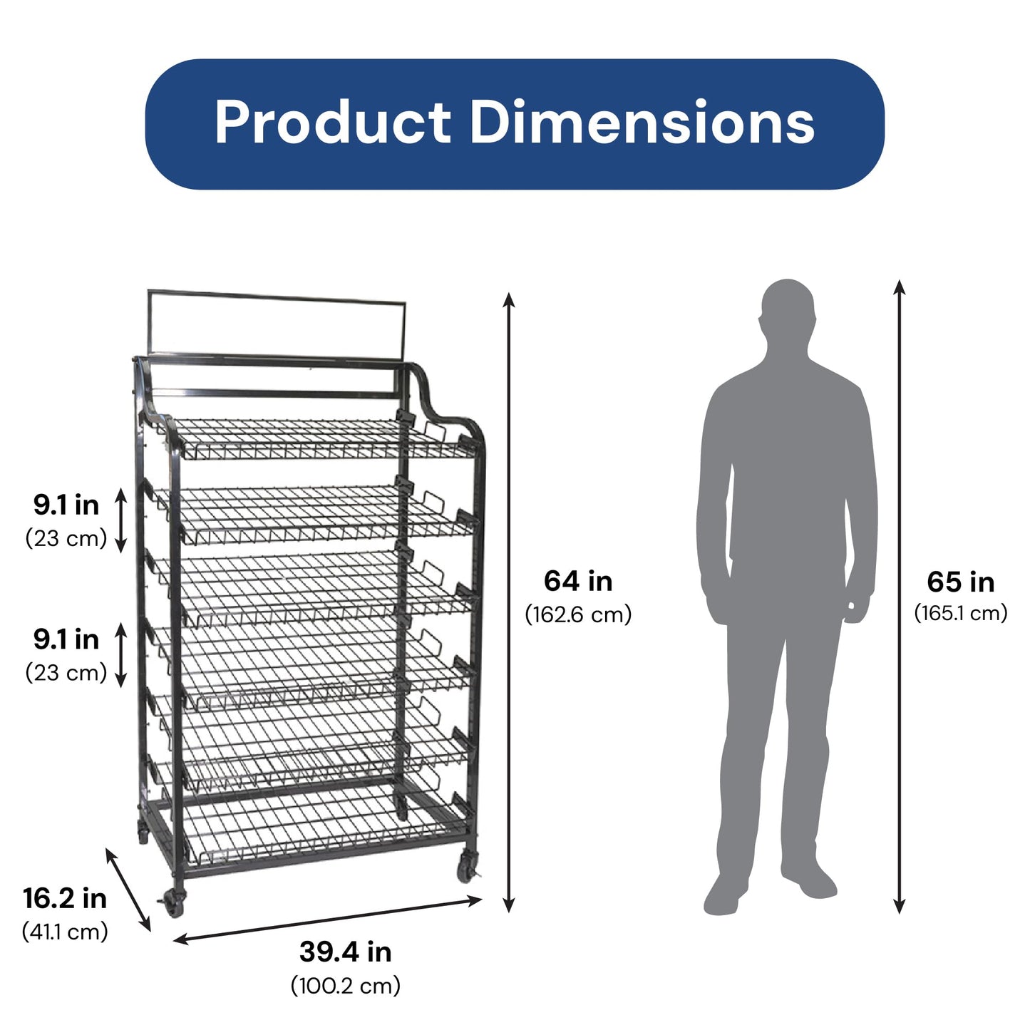 shopPOPdisplays - 39" Wide Floor Standing Display Rack with Wheels – 6 Adjustable Wire Shelves, Metal Retail Merchandising Stand with Sign Holder & Header Frame for Bakery, Grocery & Store Displays