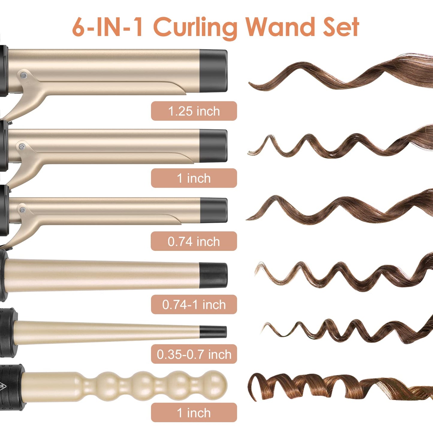 6-in-1 Curling Iron, Professional Instant Heat Up Hair Curling Wand Set with 6 Interchangeable Ceramic Barrels (0.35'' to 1.25'') and 2 Temperature Adjustments, Heat Protective Glove & 2 Clips
