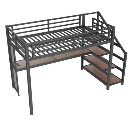 Bellemave Twin XL loft Bed with Storage Stairs, Shelves, Metal Twin XL Loft Beds with LED Lights, USB Ports, Multifunctional Iron Nets for Adults, Kids, Teens, Black