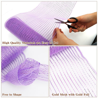 2 Rolls Purple Deco Mesh Ribbon for Wreath Making Supplies, Halloween Decor 10inch x 30 feet Each Roll Metallic Foil for Fall Wreaths Christmas Tree Ribbon Home Party Decor