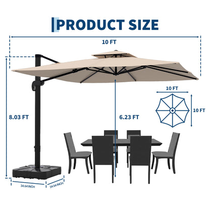 10x10 FT Square Outdoor Umbrella with Base, Cantilever Patio Umbrella with 360° Rotation & Adjustable Height, Heavy Duty Aluminum Umbrella Outdoor Patio for Garden Poolside,Khaki