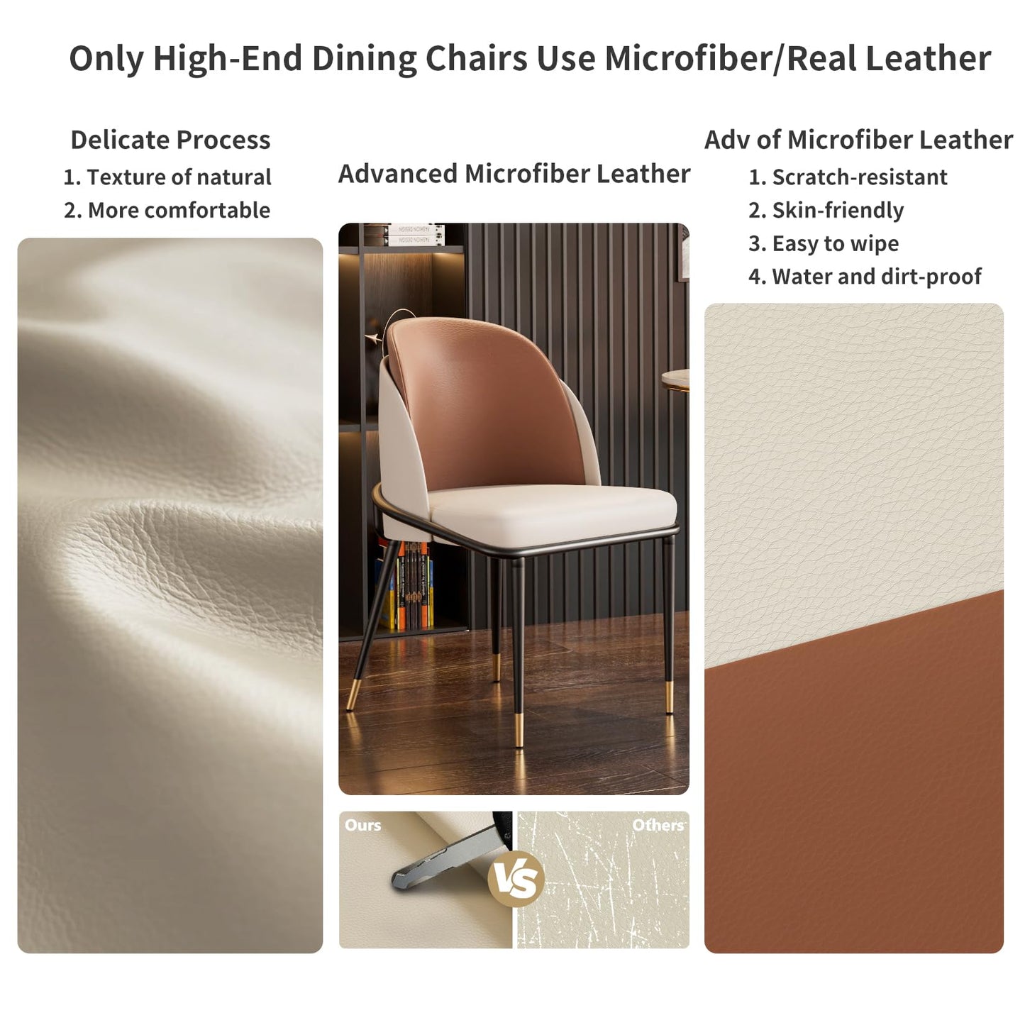 Wisfor Dining Chairs Set of 2: Faux Leather Upholstered Makeup Chair with Arched Backrest - Armless Vanity Chairs with Metal Legs for Kitchen Living Room Bedroom (Reddish Brown and Beige)