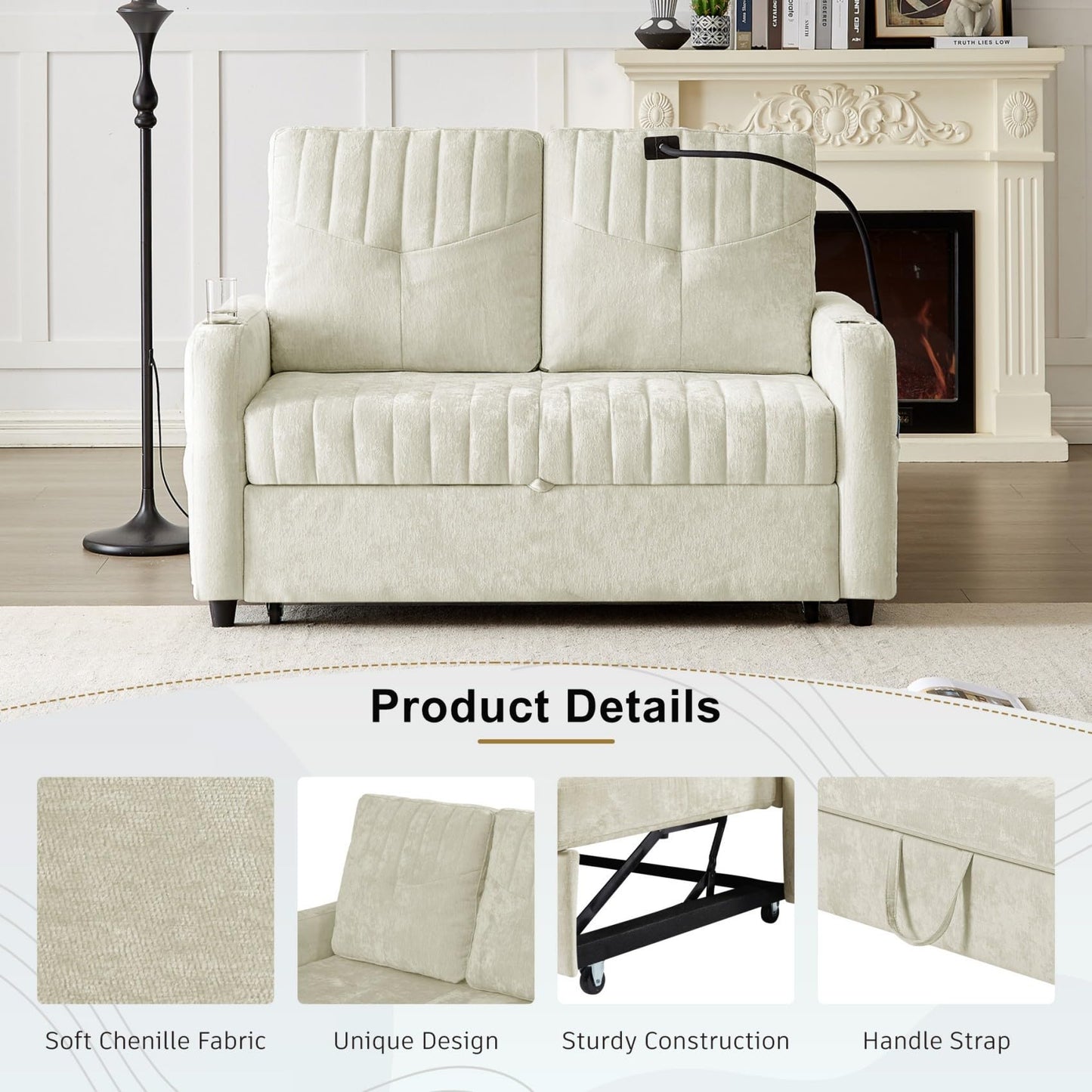 Merax Chenille 3-in-1 Pull Out Sleeper Sofa Bed Couch, 54" Convertible Futon Loveseat with Adjustable Backrest, 2 Cup Holders, Phone Stand, 3 Charging Ports and Storage Pockets for Living Room, Beige