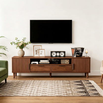 CycleCrew Mid Century Modern TV Stand for TVs Up to 70 in- Wooden Fluted Entertainment Center Low Profile TV Console with 2 Cabinet, Drawers and Shelf, Media Console for Living Room