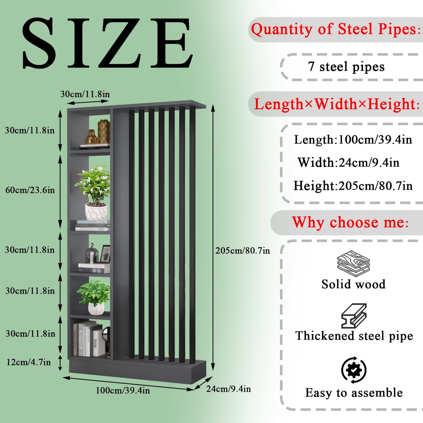 Wall Room Divider with Shelves, Entrance Hall Partition Screen Column Floor to Ceiling - Freestanding Room Divider with Storage Shelf, Freestanding Decor for Bedroom (A Gray + Black, 39.4in / 100cm)