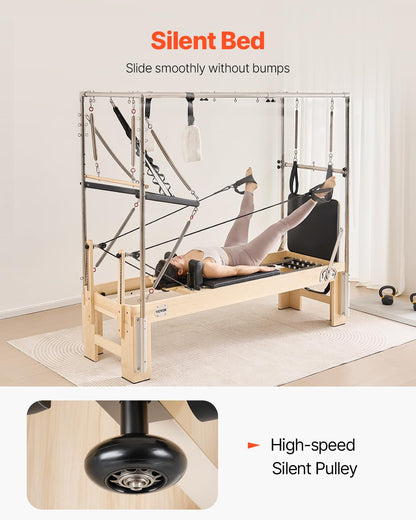 VEVOR Pilates Reformer, Wooden Pilates Machine for Home Gym Studio, Strength Training Workout Equipment with Dual Resistance, Reformer Box, Jump Board, for Advanced Users and Beginners, Up to 400 LBS