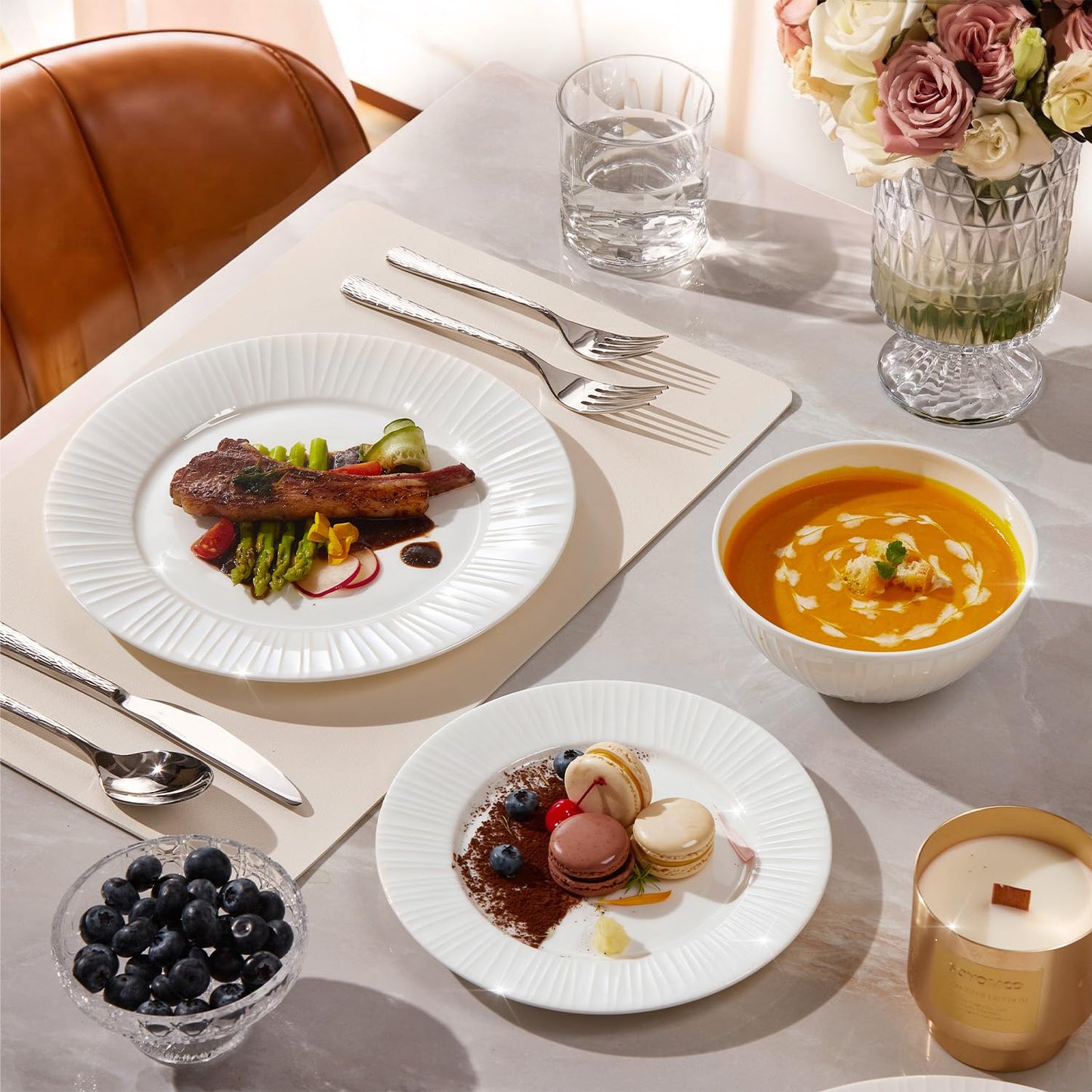 KINGSTONE 24-Piece Bone China Dinnerware Set with 40-Piece flatware, White Lightweight Porcelain Service for 8, for Family Dining, Restaurants, Gifting，Microwave and Dishwasher Safe