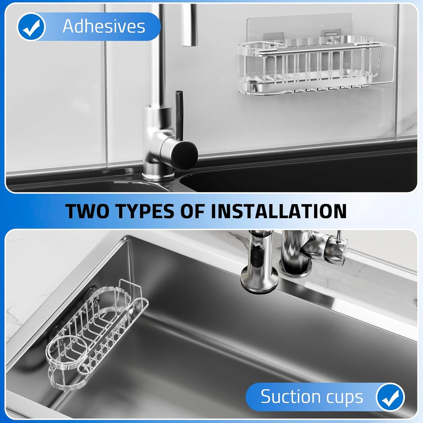 2 Cisily Kitchen Sink Caddy Sponge Holder in The Sink, Stainless Steel Kitchen Sink Organizer, Brush Holder, Dish Cloth