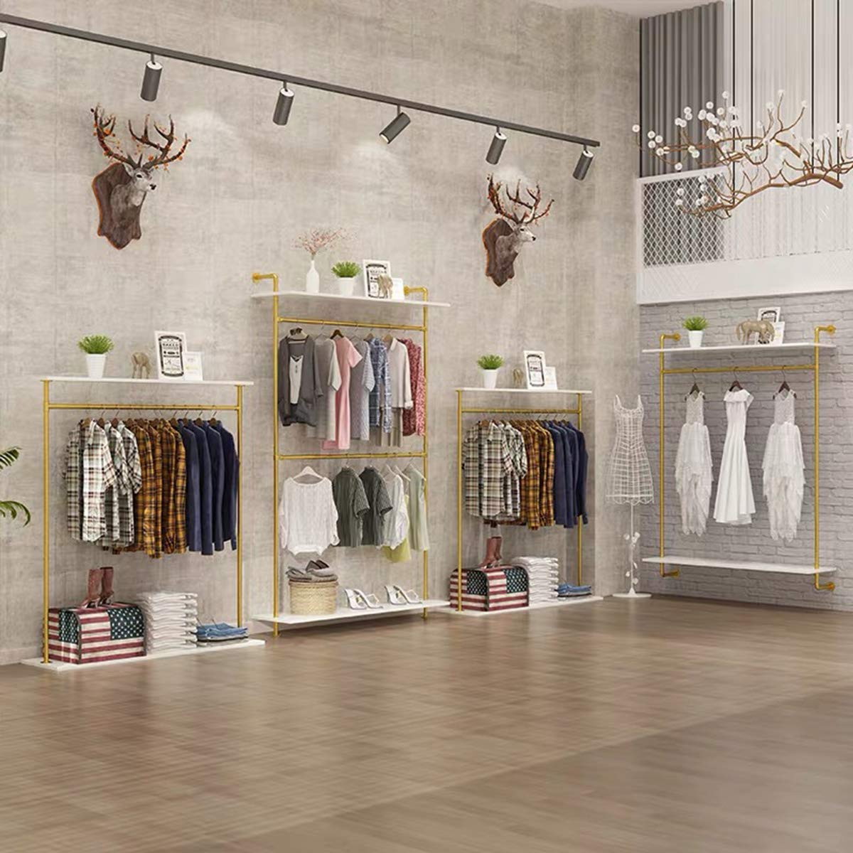 MDEPYCO Modern Simple 2 Tier Metal and Wood Garment Rack,Industrial Pipe Double Hanging Rods Clothing Rack,Retail Display Wall Mounted Storage Clothes Hanging Shelf (One Shelves,Gold, 55.2" L)