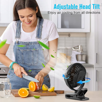 BESKAR Portable Clip on Fan, Rechargeable, 4 Speeds Small Battery Operated Fan, USB Desk Fan with Strong Airflow
