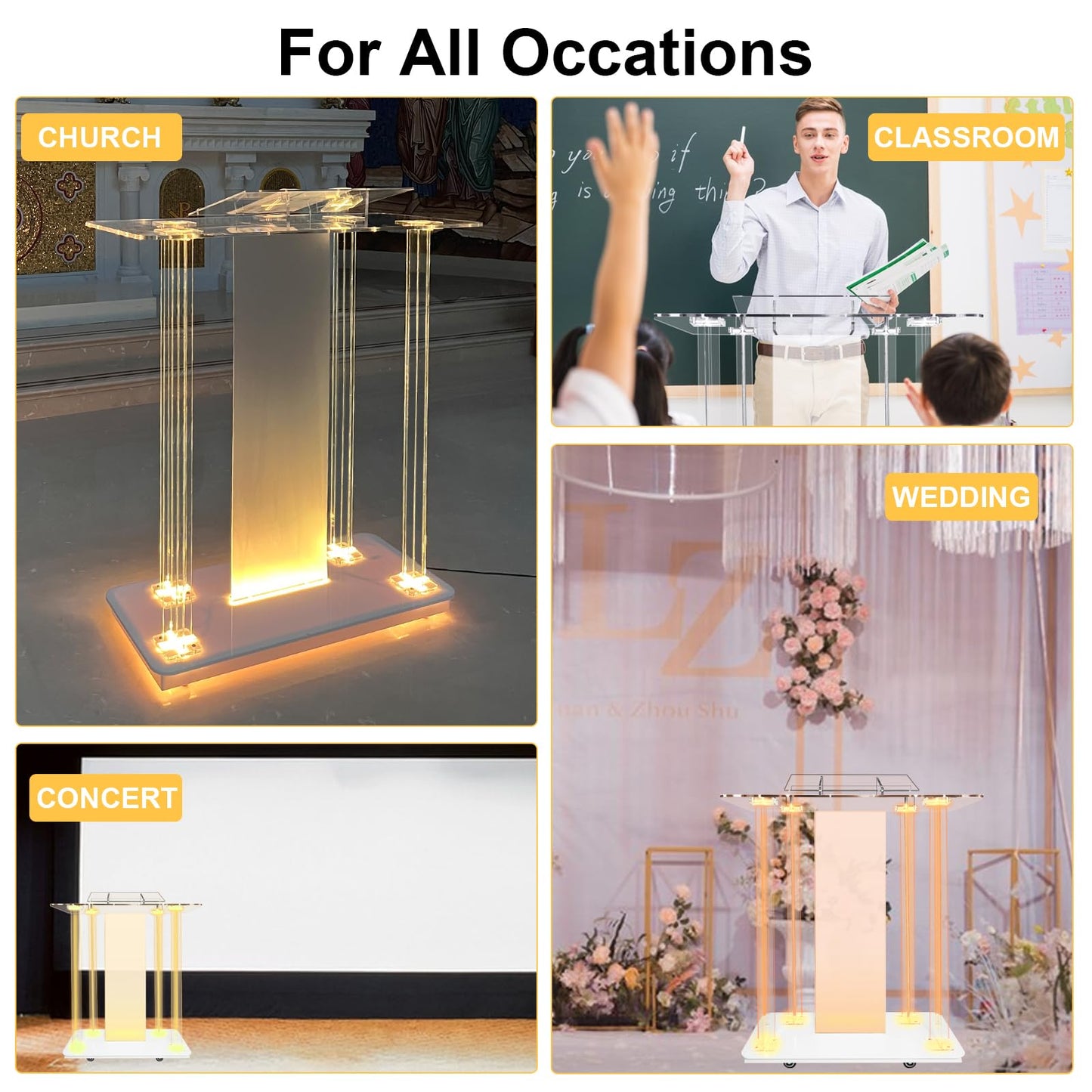 Devloutt Acrylic Church Pilpits with Wheels, 46'' Church Podium with 15 Colors RGB LED Lights,Podium Stand Lecterns Pulpits for Church, Wedding, Concert Speech, Classroom (40”L*17.7”W *46.6”H)