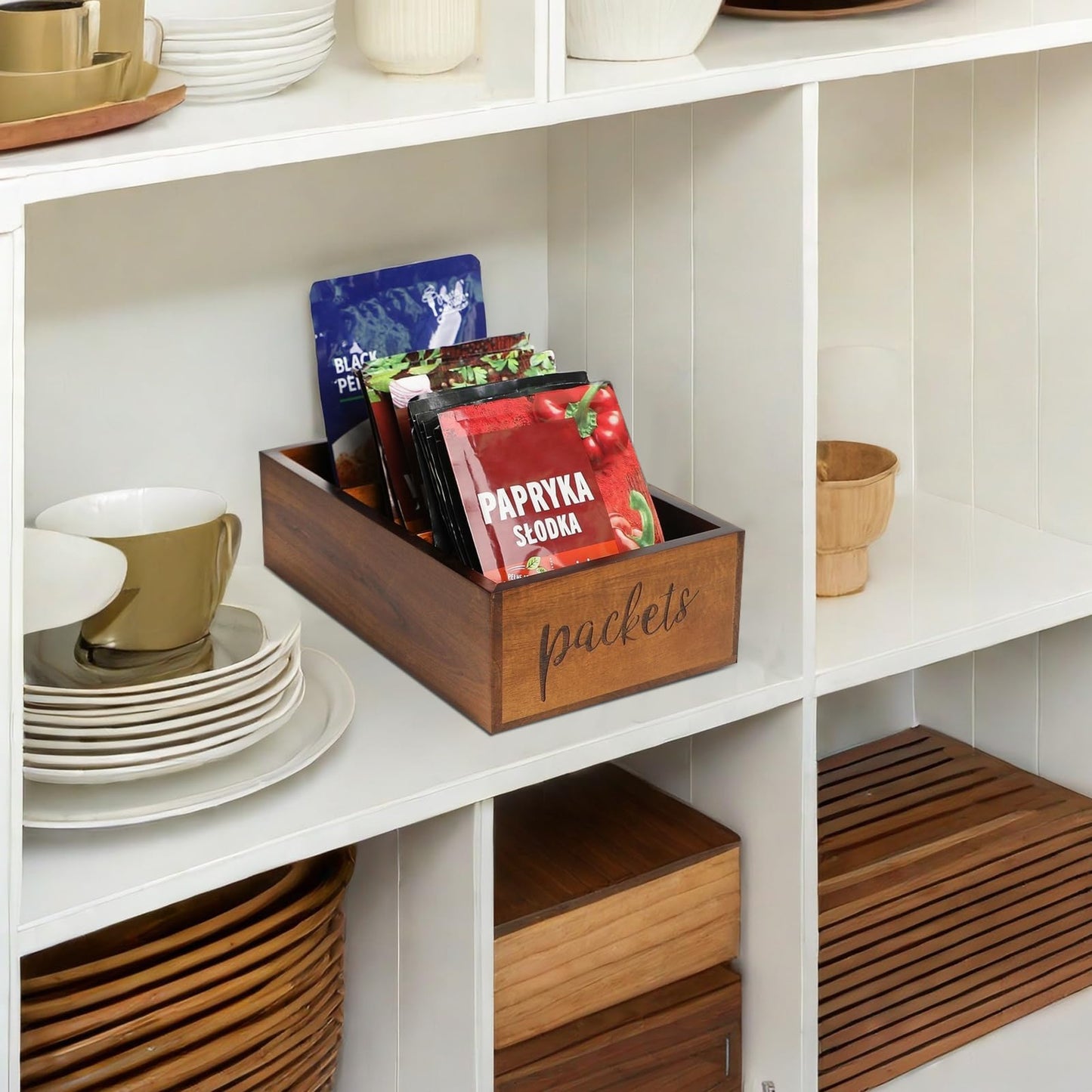 LBEMEY Packet Organizer, Acacia Wood Packet Storage Organizer with 3 Compartments,Farmhouse Kitchen Organization for Spice, Gravy, Taco, and Dressings Packets for Kitchen, Brown Labeled Packets