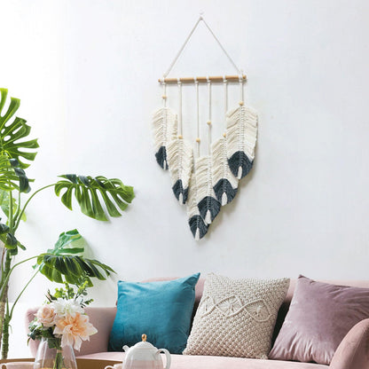 ORIGACH DIY Macrame Feather Wall Hanging Kit Boho White and Dark Gray Feather Tapestry Macrame Kit for Adults Beginner Handmade Rustic Macrame Feathers Leaf Wall Hanger Decor for Living Room Bedroom