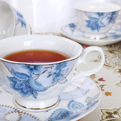 Set 6(5 oz), fanquare Floral Coffee Cups of Porcelain Cappuccino Cups with Saucers, Tea Cup for Birthday Wedding Party