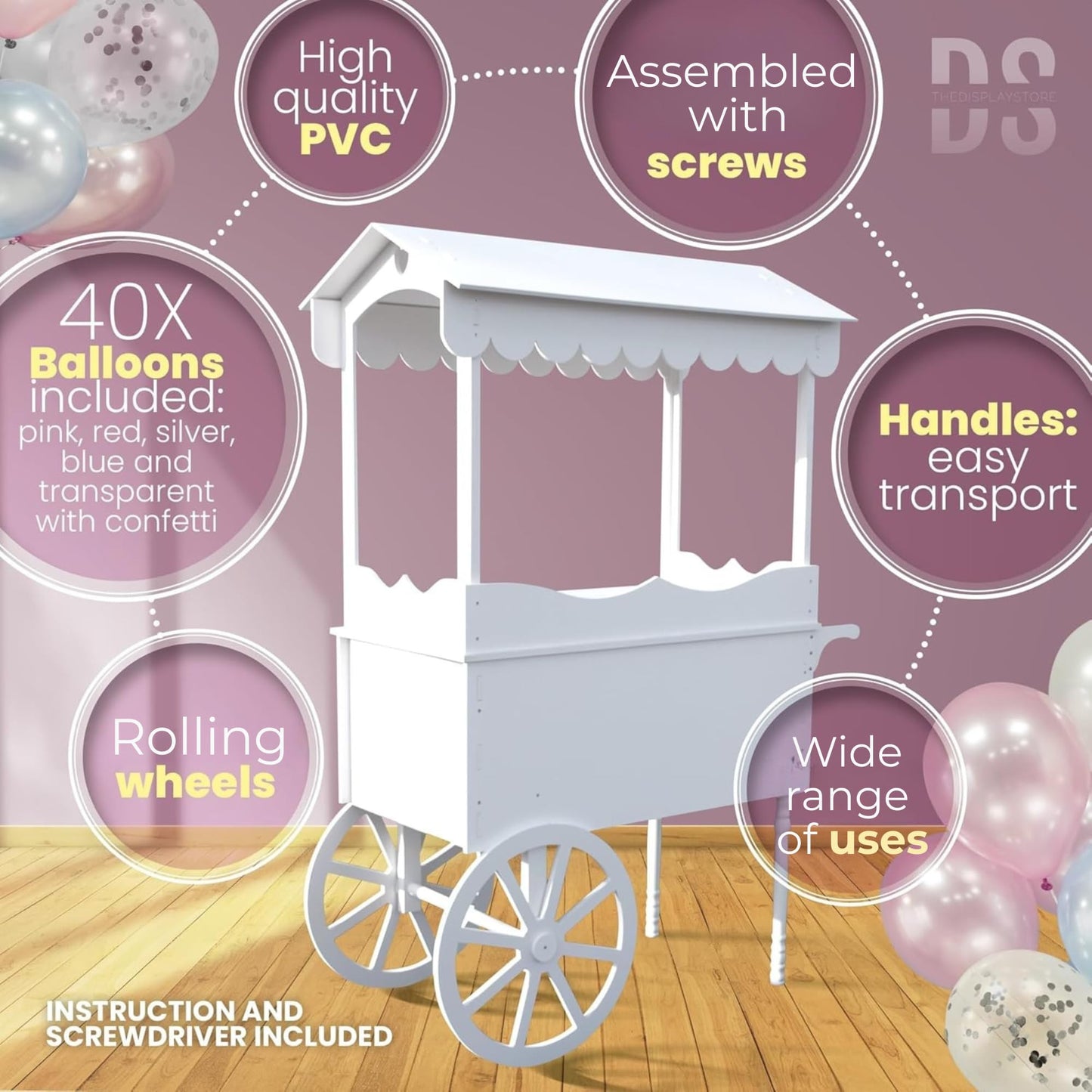 DS THE DISPLAY STORE PVC Candy Cart with Wheels - Portable Dessert Cart for Parties, Weddings & Baby Showers - Vendor Event Display with Rounded Safety Edges