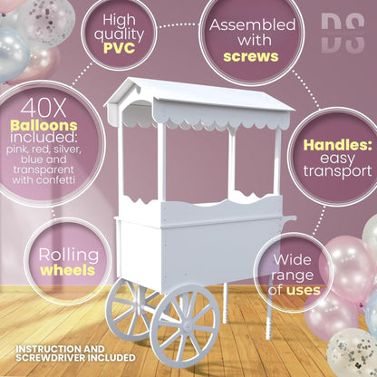 DS THE DISPLAY STORE PVC Candy Cart with Wheels - Portable Dessert Cart for Parties, Weddings & Baby Showers - Vendor Event Display with Rounded Safety Edges