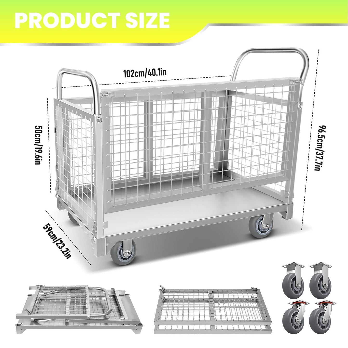 2200LBS Platform Truck Cart with Cage, 2200LBS Platform Truck Carts with Cage, 4-in-1 Multifunctional Truck Cart, for Warehouse Handling, Home, Commercial, Stall, Storage