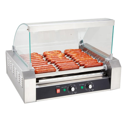 SYBO Commercial Hot Dog Roller – 30 Hot Dogs, 11 Non-Stick Rollers, 1430W, Stainless Steel, Removable Drip Tray & Glass Cover – Dual Temp Control, 360° Rotation for Party & Snack Bar, ETL Certified