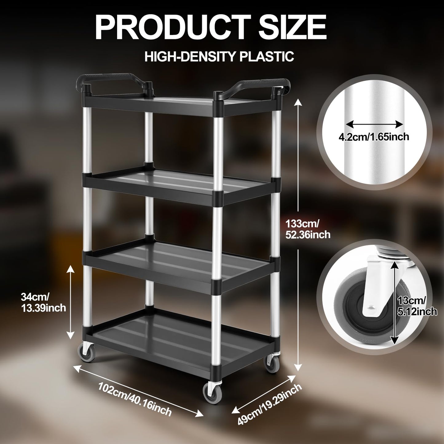 BBTO Heavy Duty 4 Shelf Utility Cart 4 Shelf Rolling Service/Utility/Push Cart with Deep Shelves and Casters, 300 Lbs, Large Capacity, for Food Service, Restaurant, Cleaning(Black)