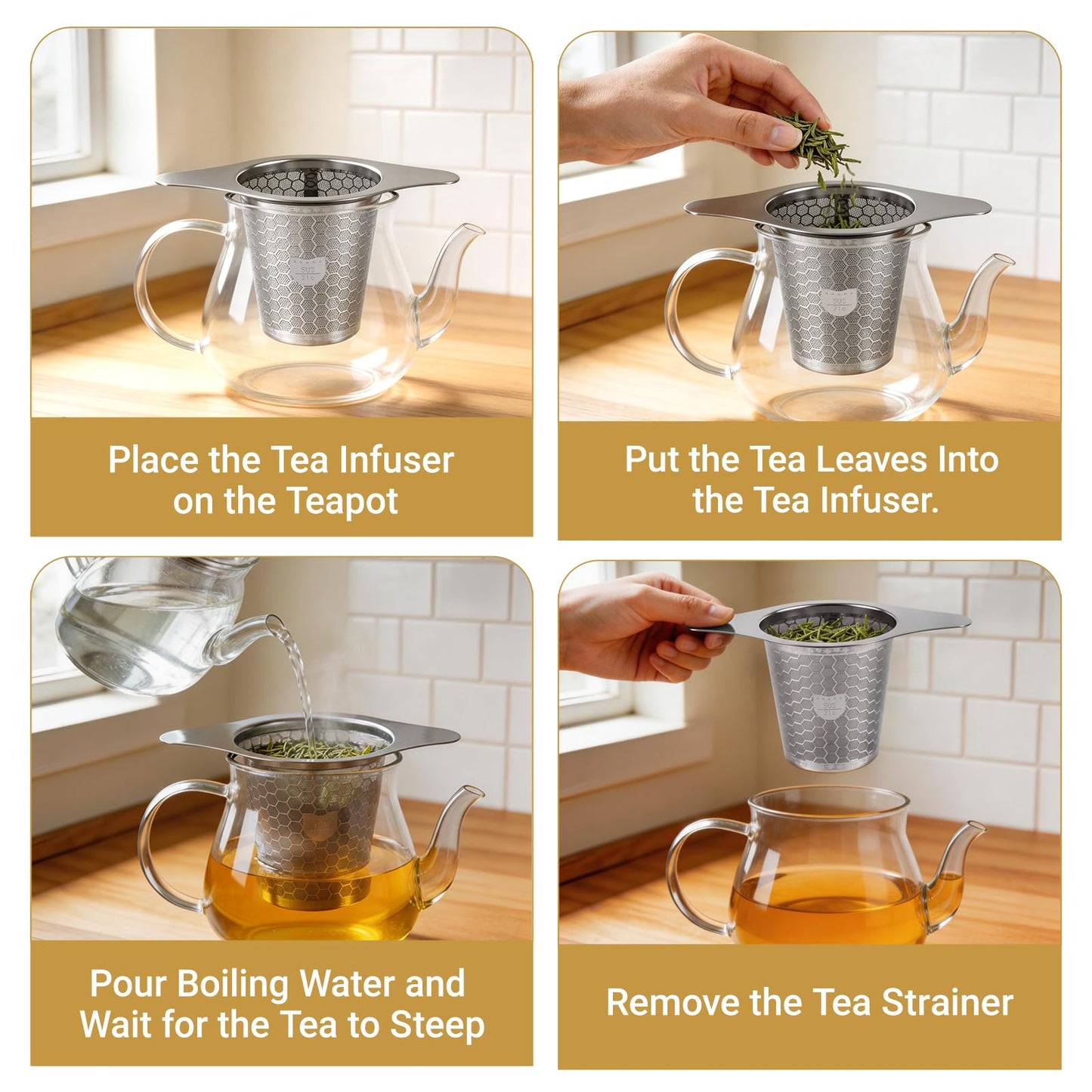 2 Packs 316 Stainless Steel Tea Strainer Extra Fine Mesh Infuser With Wide Rim Handles for Hanging on Teapots or Cups to Steep Loose Leaf Tea and Coffee