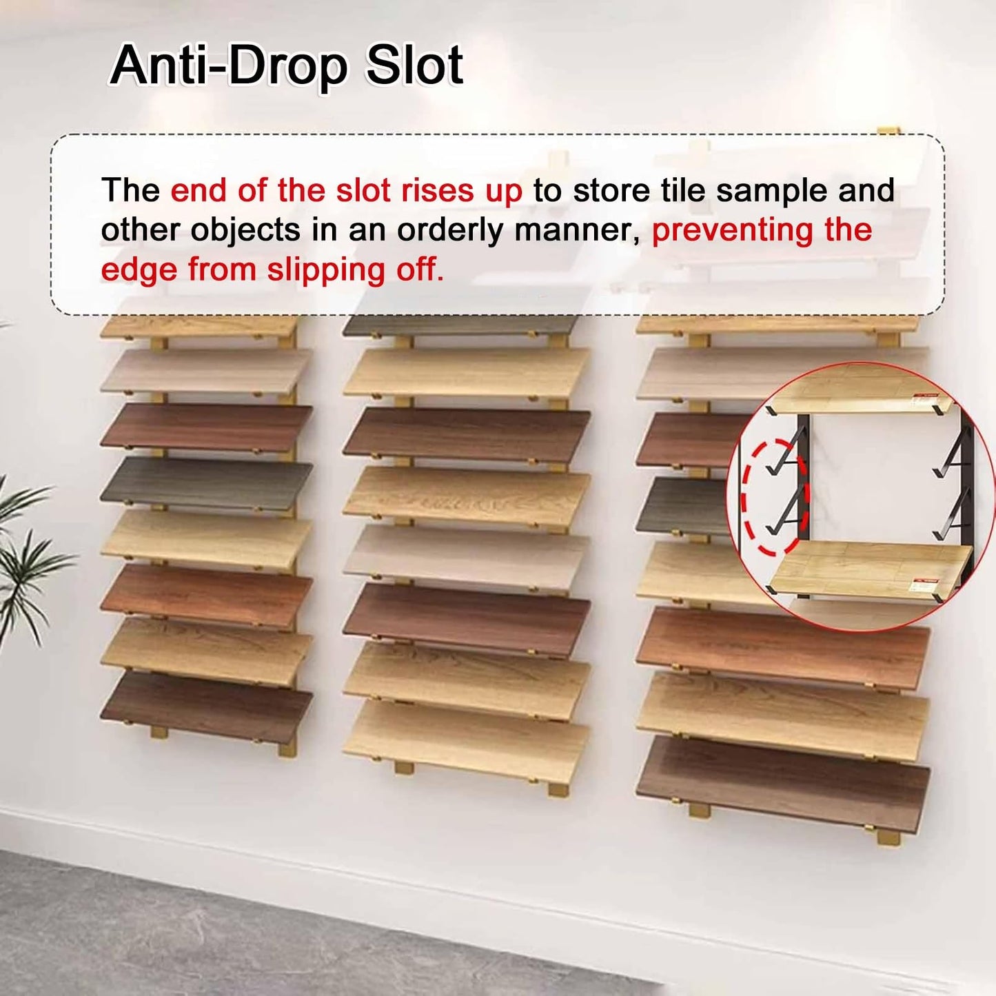 Floor Tile Sample Rack,Wall-Mounted Tile Sample Display Stand, 10-Tier Metal Rack for Retail, Heavy-Duty Floor Tile Holder, Space-Saving Wooden Shelf, 55.12x10in Storage Solution, Perfect fo