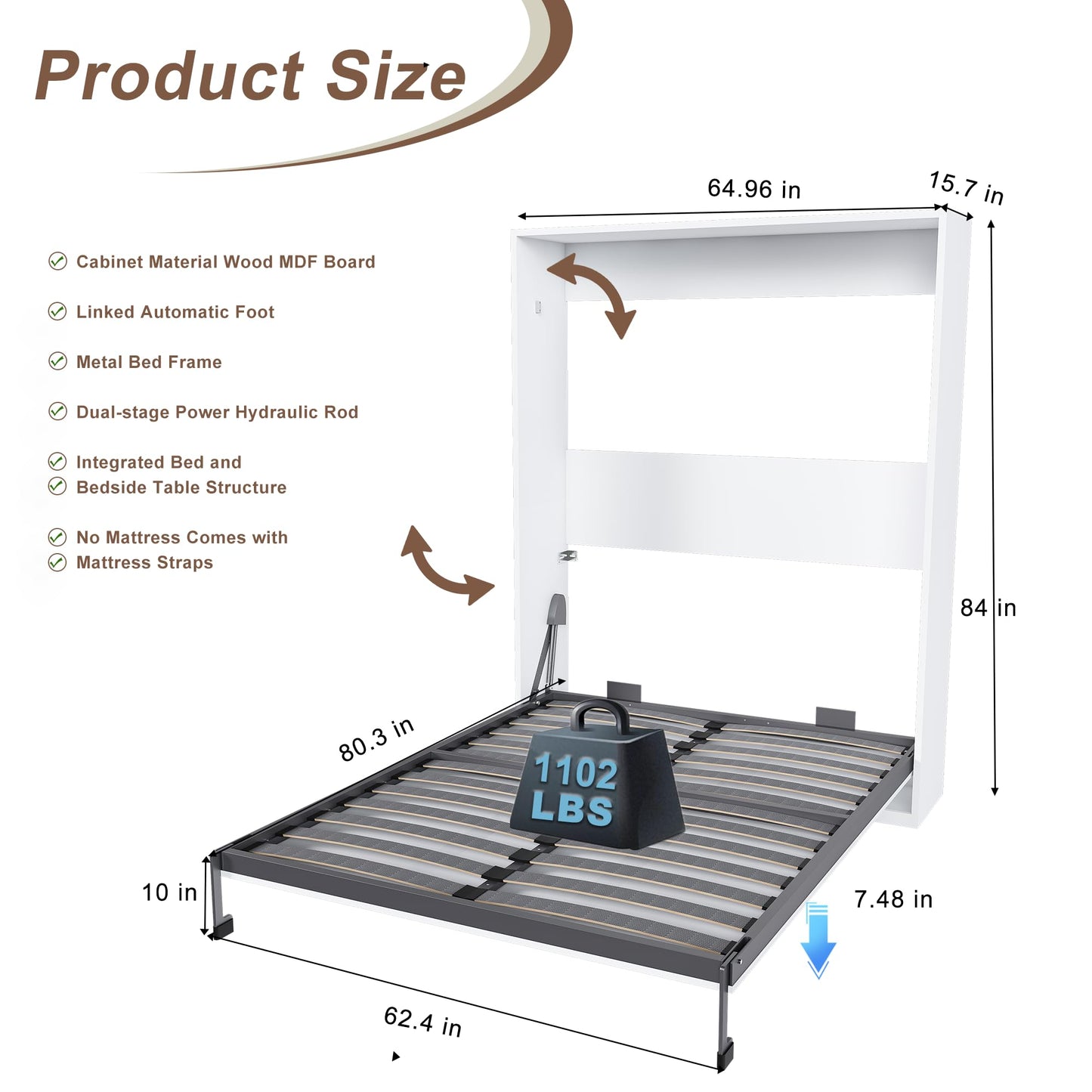 KEIKI Queen Size Murphy Bed Chest, Sapce Saving Folding Cabinet Wall Bed Frame, Foldable Hideaway Cabinets Platform Beds Frames for Apartment Bedroom Guest Room, Wood Slats Support, White