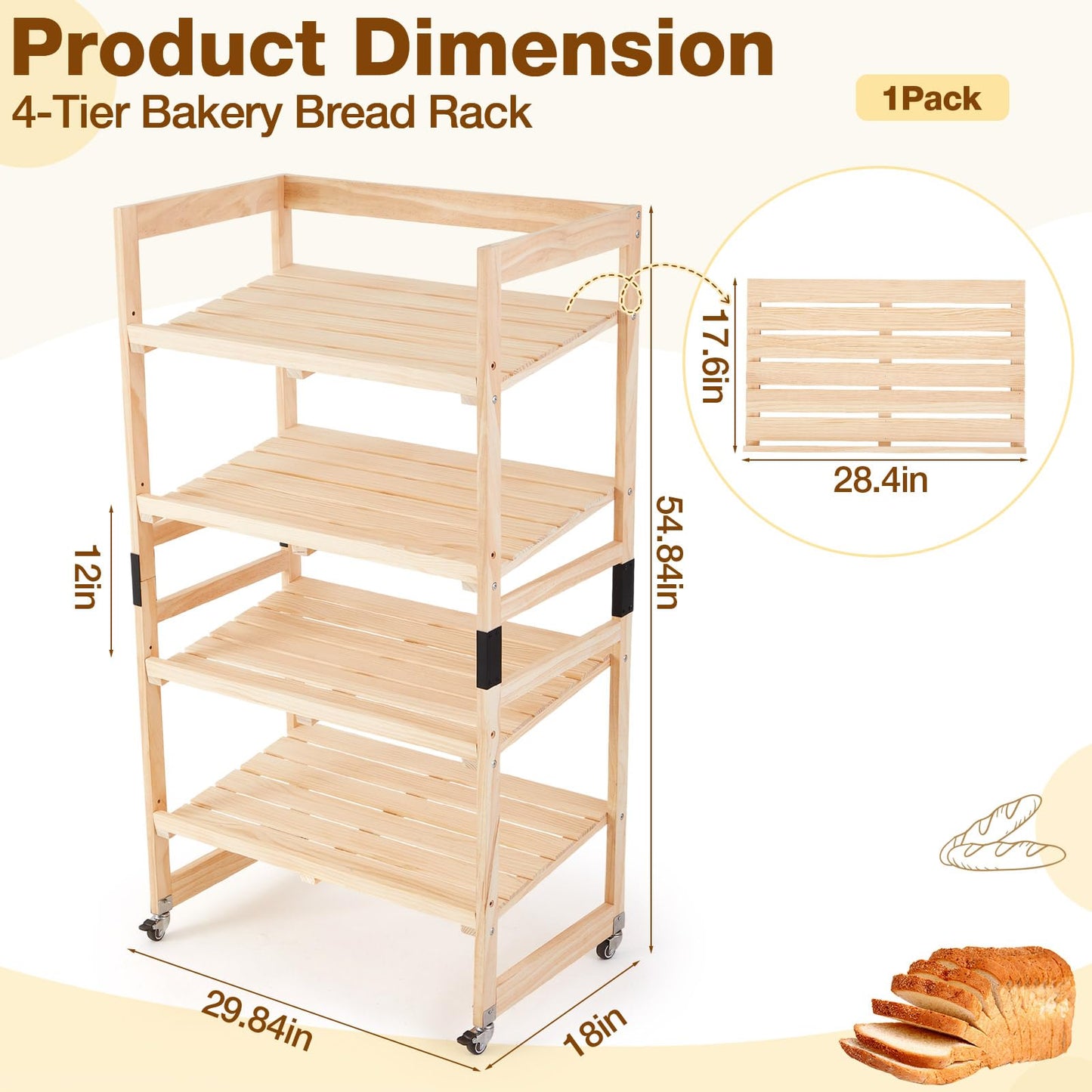 AceOrbit 55" x 30" x 18" 4 Tier Wood Bakery Bread Rack with Angled Shelves Bread Fruit Vegetable Display Shelf Stand for Shop, Pantry, Office, Grocery, Supermarket, Kitchen Organizer