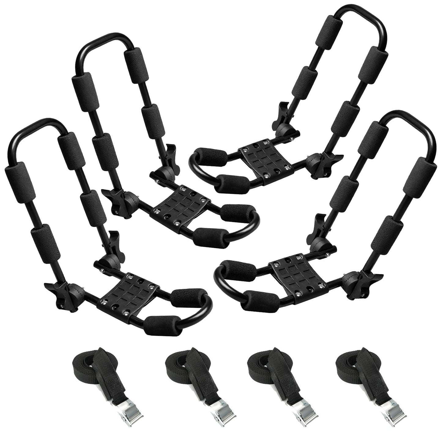 Folding Kayak Roof Rack for Car Holds 2 Kayaks - Kayak J Bar for Canoe, Surf Board, SUP - J Kayak Carrier Mount on Rooftop Crossbar with 4 Tie Down Straps, Fits SUVs, Trucks, Jeeps