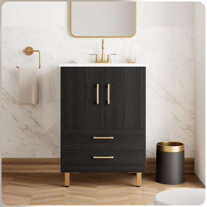 phiestina Fully Pre-Assembled Black 24 inch Bathroom Vanity with Sink, 2 Soft Close Doors and 2 Drawers Bathroom Storage Cabinet Set, with 3 Holes Single Ceramic Sink Combo, Faucet Not Included