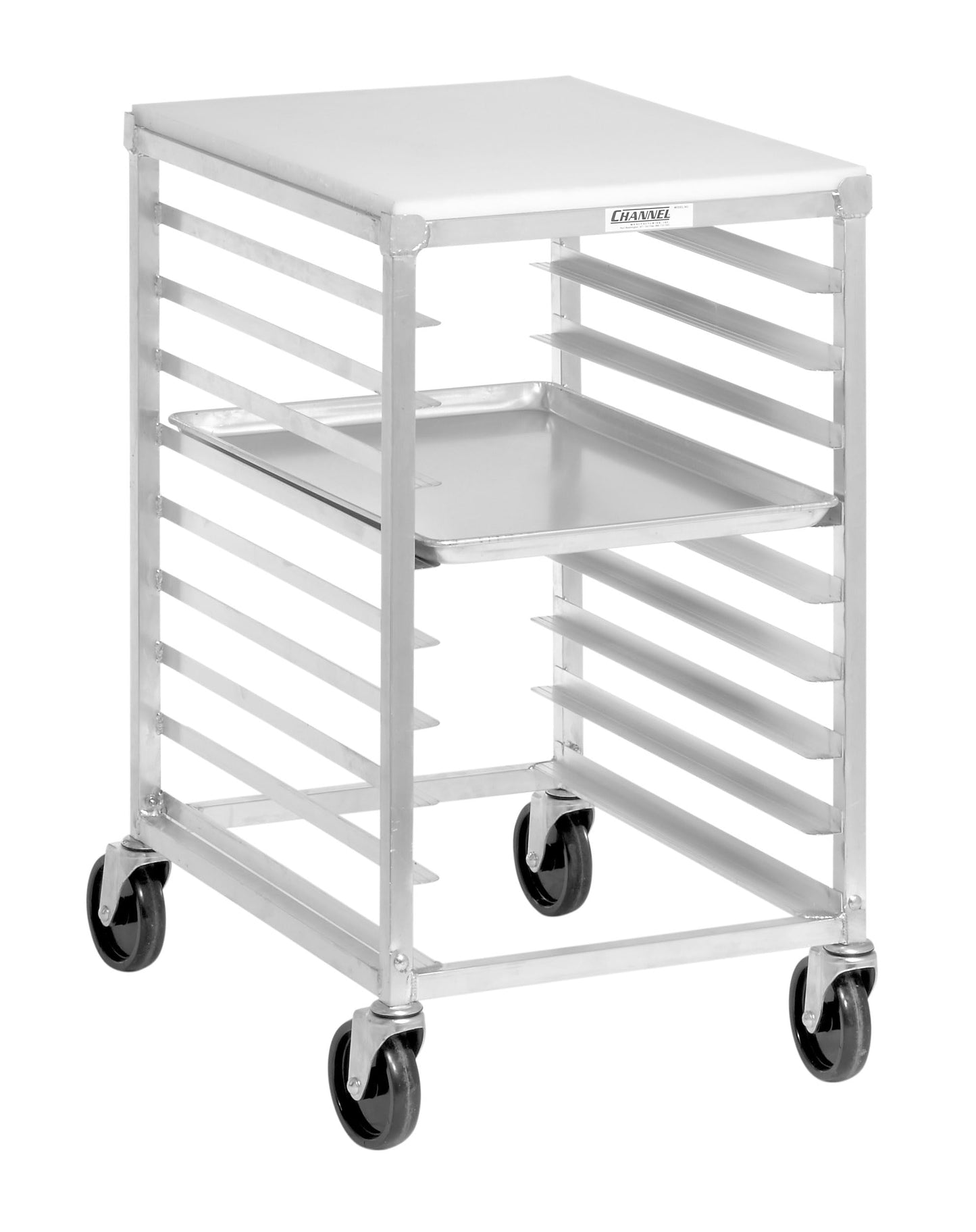 Channel 425A/P Bun Pan Rack with Poly Top, Standard Heavy-duty Series, Half Height, Aluminum, End Load, Holds (9) 18"x26" or (18) 13"x18" Pans, 3" Spacing, 5" Swivel Stem Casters, 20.5"W x 26"D x 36"H