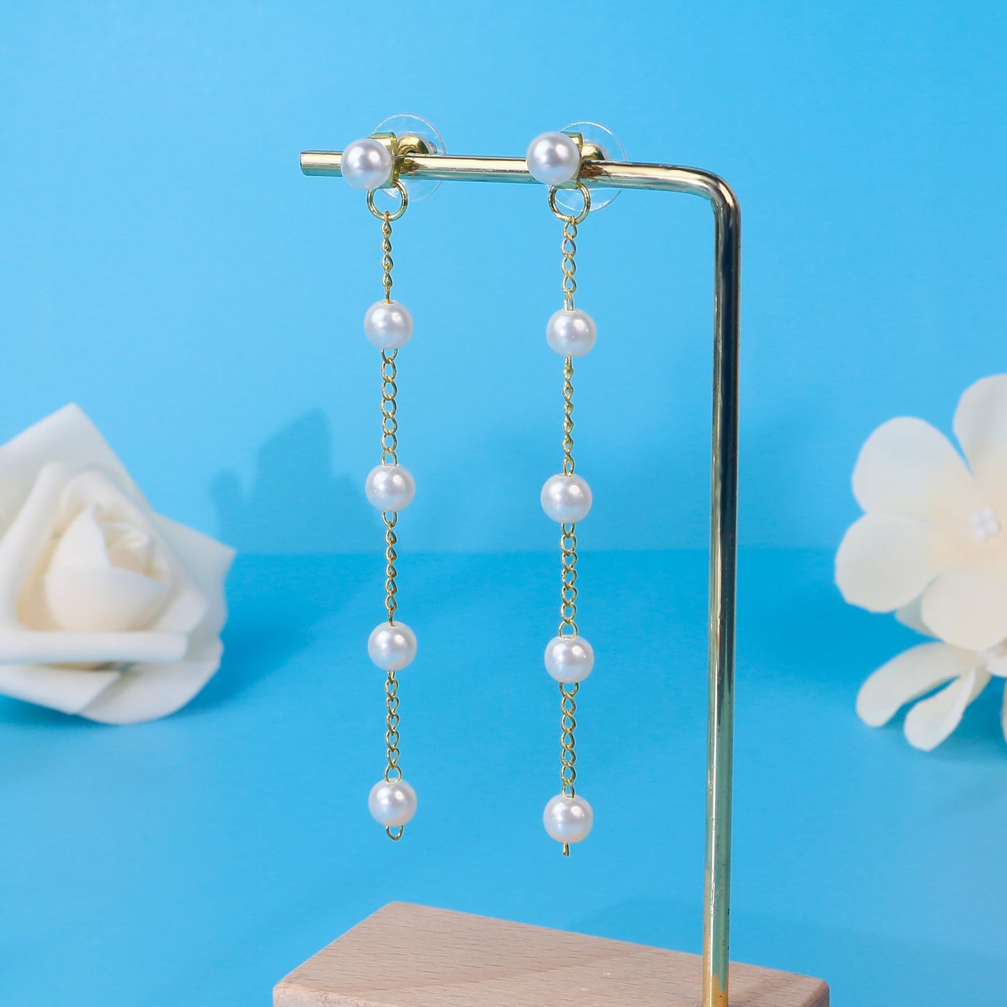 Trinckle Pearl Earrings for Women, 14k Gold Pearl Drop Earrings Statement Boho Earings, 5mm White Gold Dangle Accessories for Bride Wedding, Guest Formal Jewelry Bridal Gifts for Summer Prom Birthday