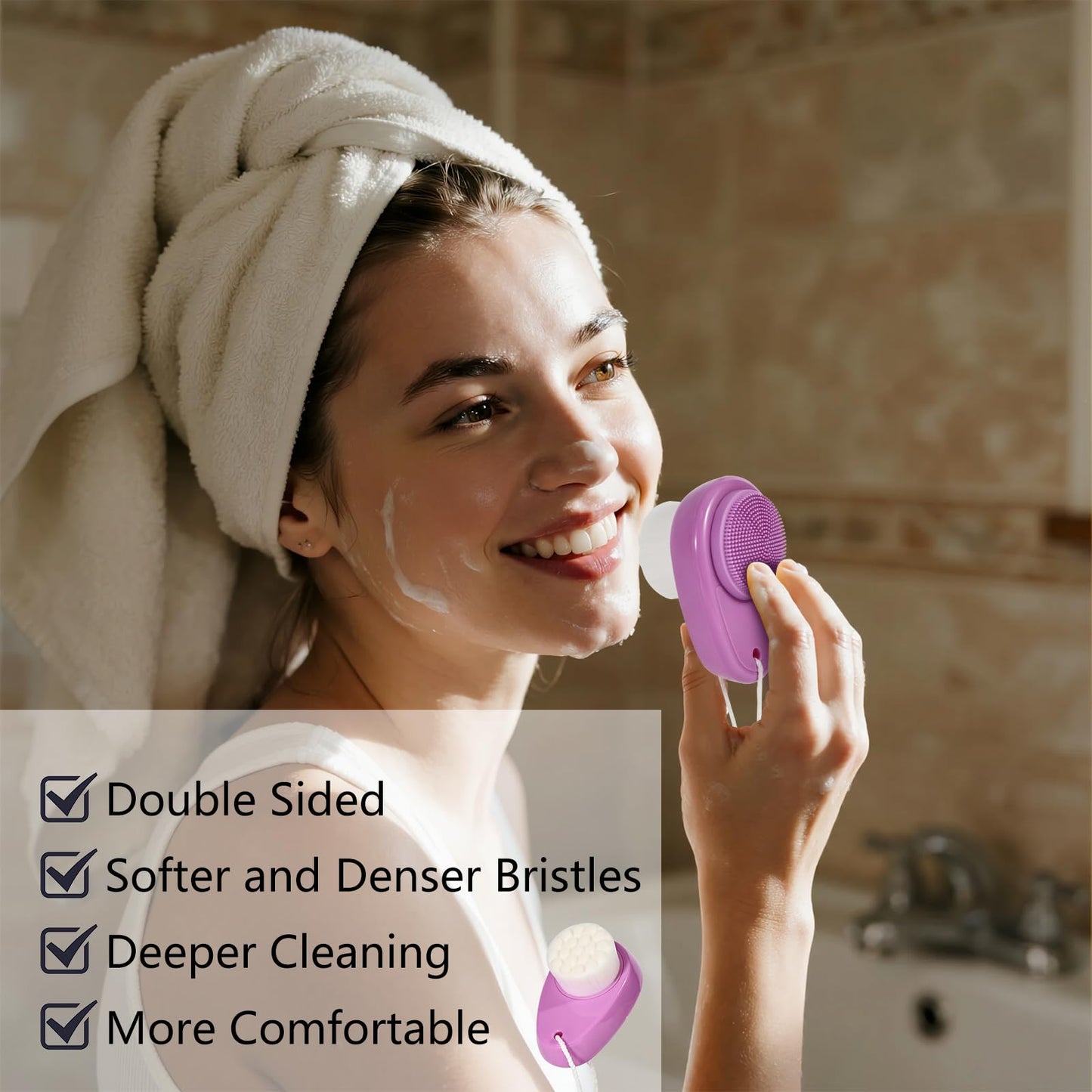 2 Pack Facial Cleansing Brush 2 in 1 for Face Exfoliation, Soft Bamboo Charcoal Microfiber Bristle Dual Face Silicone Scrubber Brush for Pore Deep Cleansing Skincare with Lid, Black+Gradient