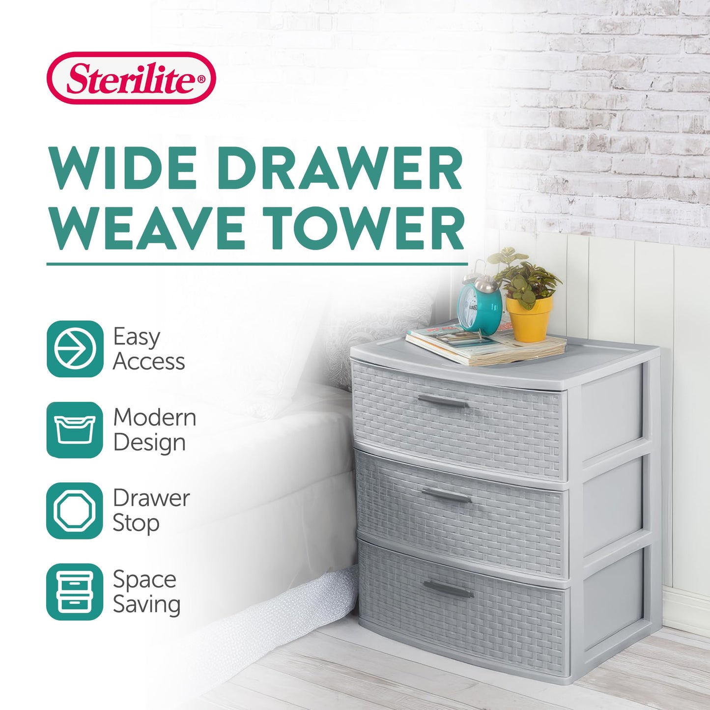 Sterilite 2-Pack 3-Drawer Wide Weave Tower, Storage Closet Organizer, Cement - Plastic Drawers and Containers for Bedroom, Cabinet, Clothes, Dresser, and Kitchen Pantry Organization
