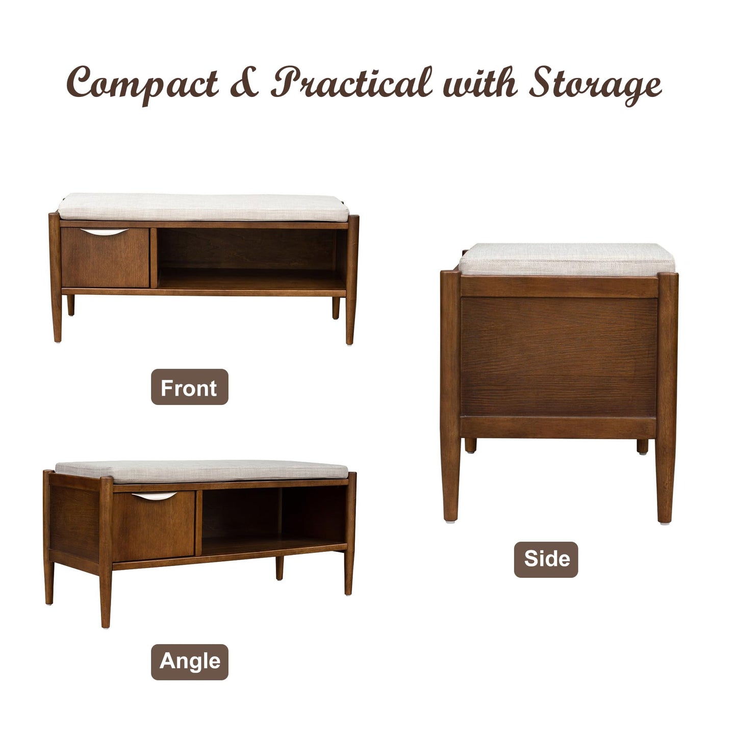 Ink+Ivy Arcadia Entryway Accent Bench with Shelf Shoe Rack, Padded Seating Bench for Living Room, Modern Compact Bed End Bench with Storage for Bedroom Seating, Removable Cushion, 42" W, Walnut Brown