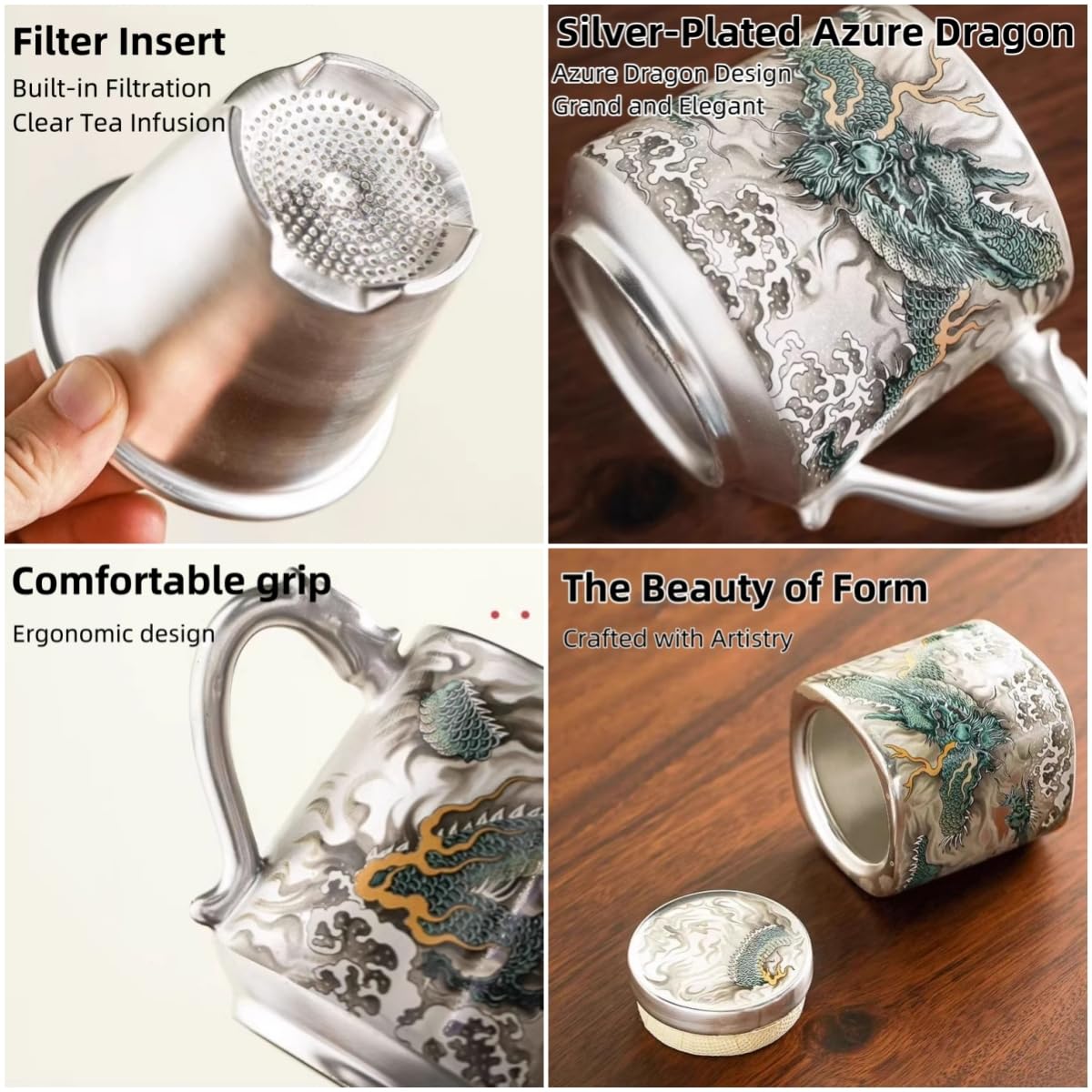 Handcrafted Silver-Plated Tea Set Tea Separator Cup Gift for Elders Tea Ware 茶杯+茶叶罐 (Full Silver High Mountain Flowing Water Office Water Cup + Tea Canister [Gift Box Set])