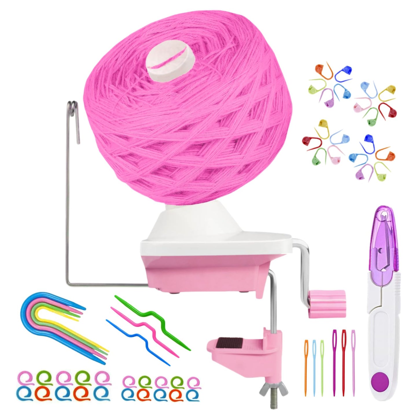 Ayasee Yarn Ball Winder, Yarn Winder for Crocheting Spinner Knitting Hand Operated Storage + 53 Pieces Stitch Knitting Needles + 1 Pieces Scissors (Pink)