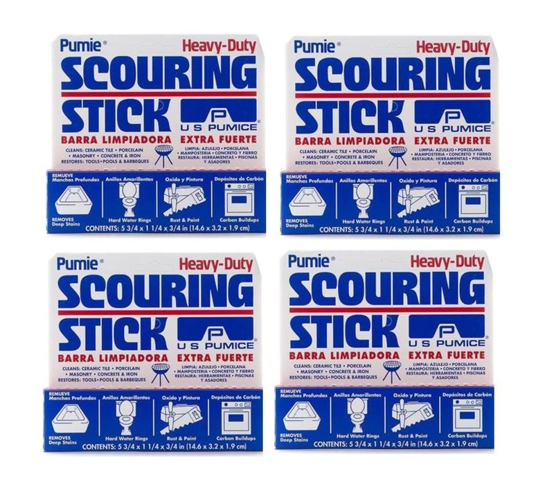 PUMIE Pumice Scouring Stick for Cleaning Toilet Bowl Rings & Hard Water Stains, Bathroom, Pools & Tubs, Pumice Stone for Toilet Cleaning, Rust, Grills, Food Build Ups, Pack of 4, includes Scouring Pad