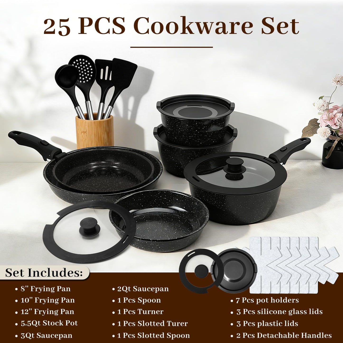 Colourcoco Pots and Pans Set - Non Stick 25 Pieces Cookware Set Pots and Pans with Detachable Handles, Includes Pans, Pots, Utensils, Trivets for Hot Dishes, Lids, Space-Saving Cookware